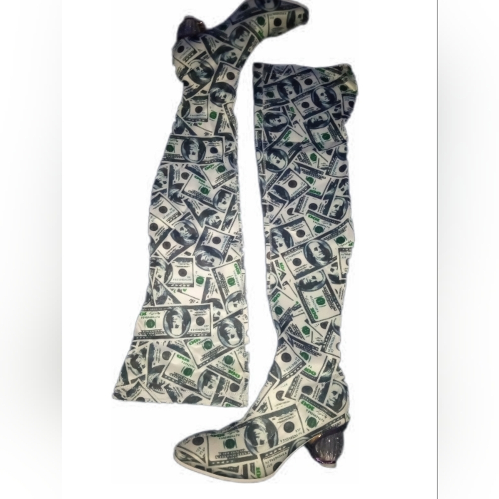 *RARE* "COVERGIRL RICHES" Money Print Over-the-Knee Boots With Diamond Heel